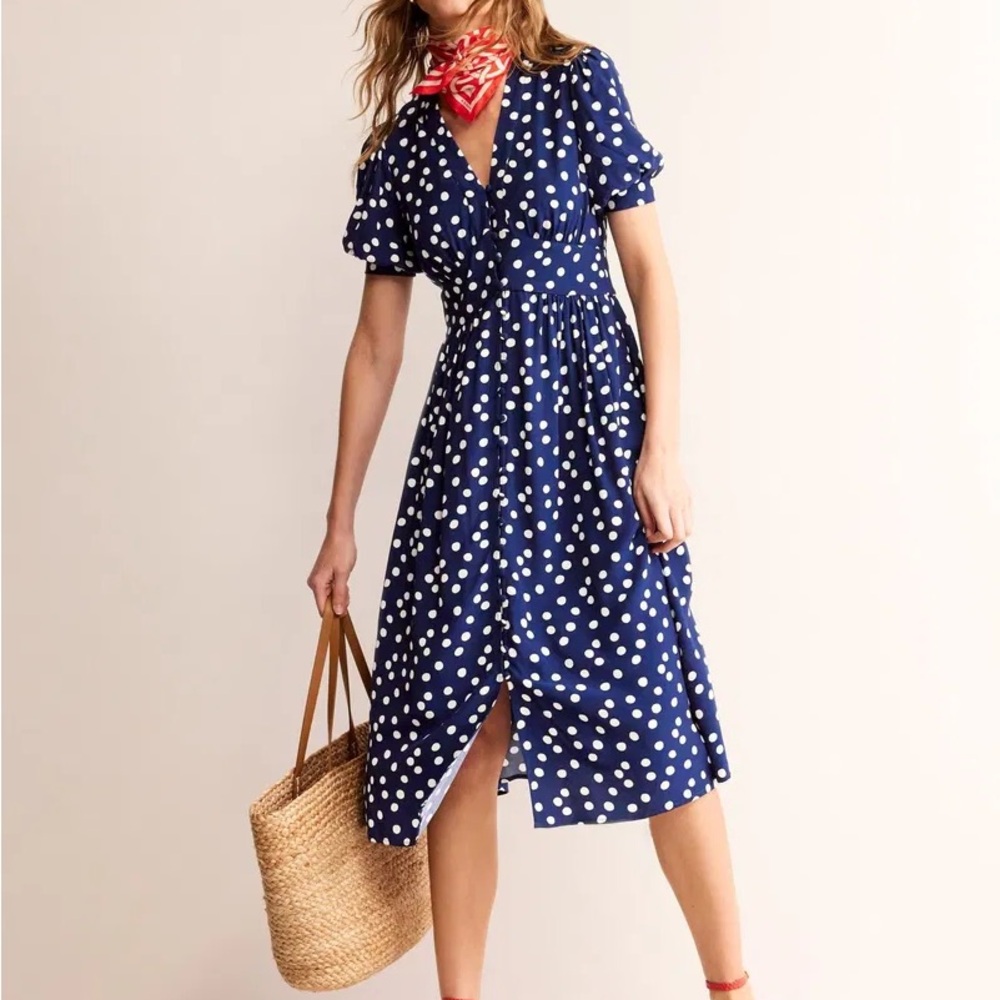 Boden Blue and White Tea Dress with Puff Sleeves